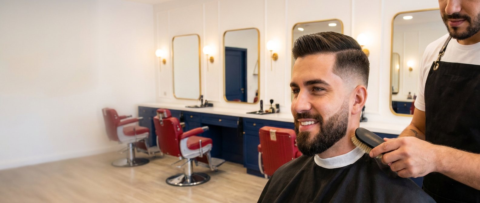 Cliente sorrindo com o corte degradê recém-feito enquanto o barbeiro tira os fiozinhos do pescoço com a escova