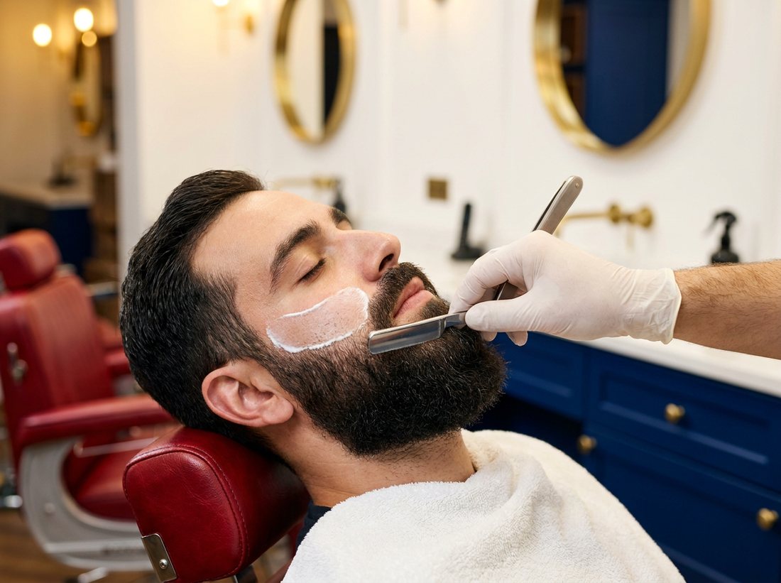 Barbeiro desenhando a barba de um cliente com a navalha