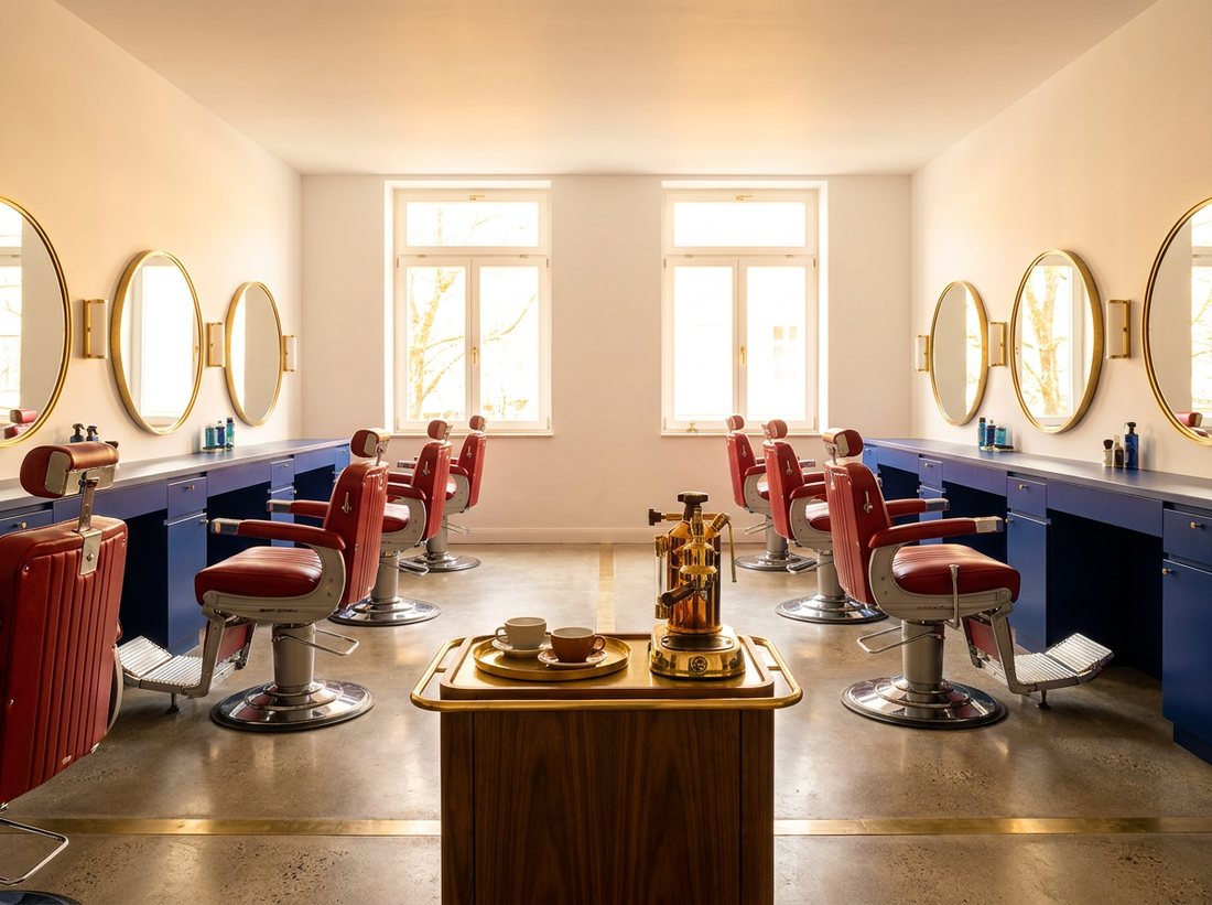 Salão da barbearia com armários azul-marinho, espelhos redondos dourados e cadeiras de couro vermelhas