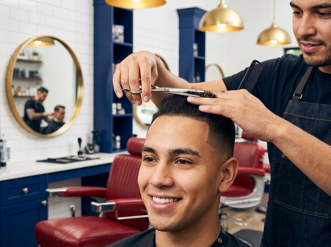Barbeiro cortando o cabelo de um cliente sorridente com tesoura e pente